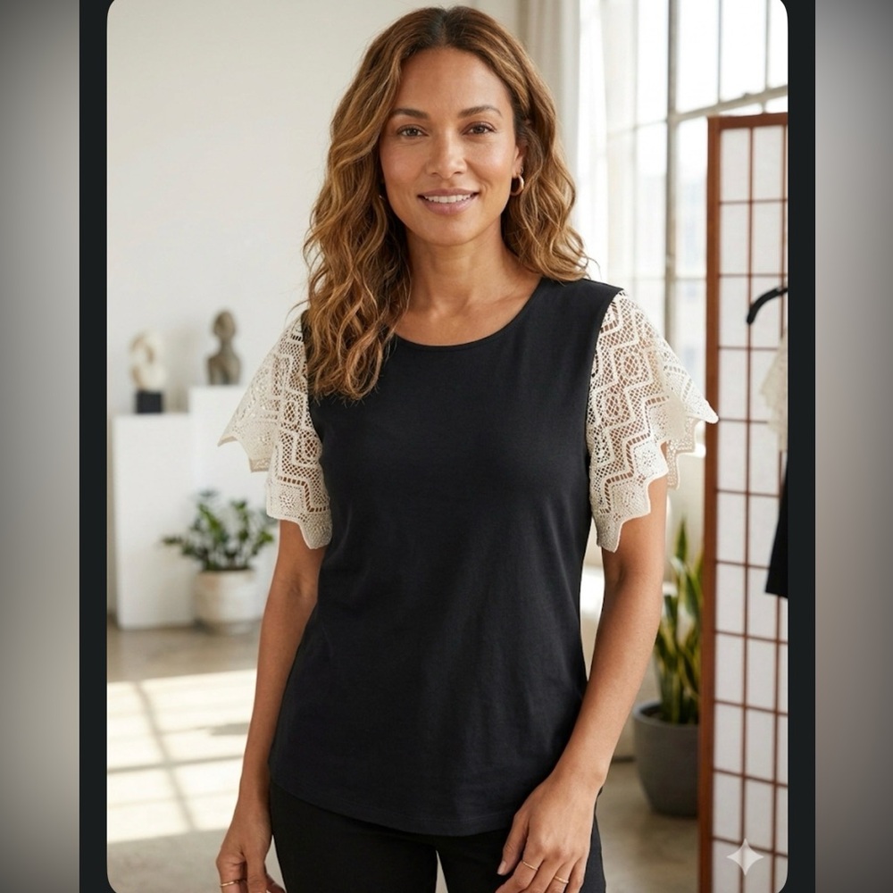 Chico's Black Knit Tee with White Lace Flutter Sleeves. NWOT